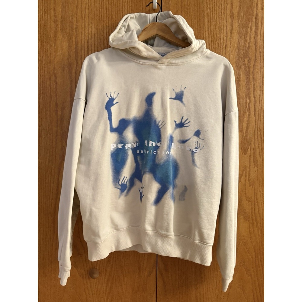 Aelfric Eden Pray the Lord Graphic Hoodie Cream Blue Heavyweight Oversize Small